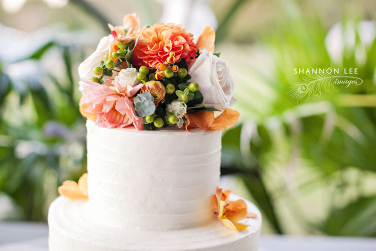 coral and green wedding cake