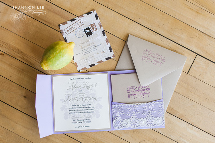 lemon and purple wedding invitation